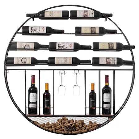 Vintiquewise Vintage Decorative Modern Black Metal Round Wall Mounted Wine Display Rack w/Cork and Glass Holder QI004276.KD